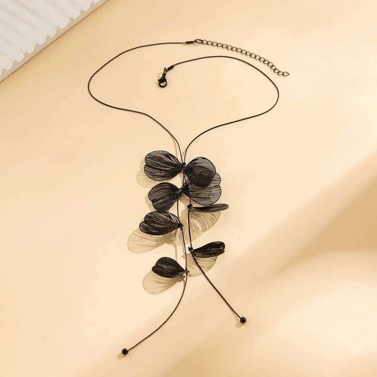 Geometric Abstract Black Leaf Pendant Y Necklace