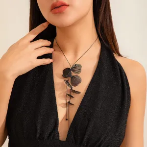 Geometric Abstract Black Leaf Pendant Y Necklace