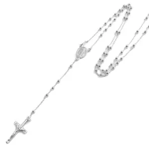 Glamorous Sterling Silver 24" Rosary 3mm Bead Necklace with Crucifix