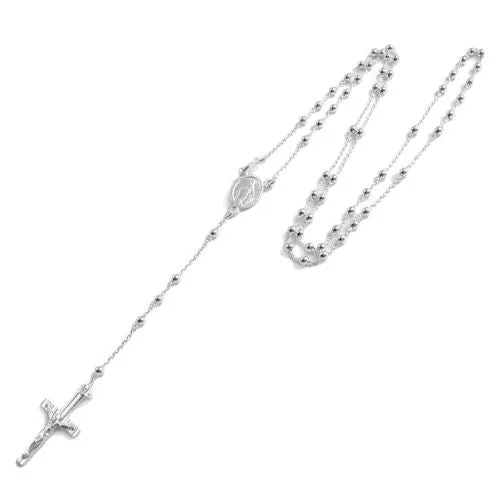 Glamorous Sterling Silver 24" Rosary 3mm Bead Necklace with Crucifix