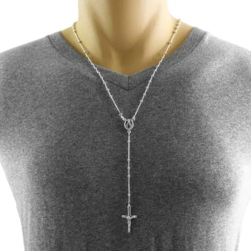 Glamorous Sterling Silver 24" Rosary 3mm Bead Necklace with Crucifix