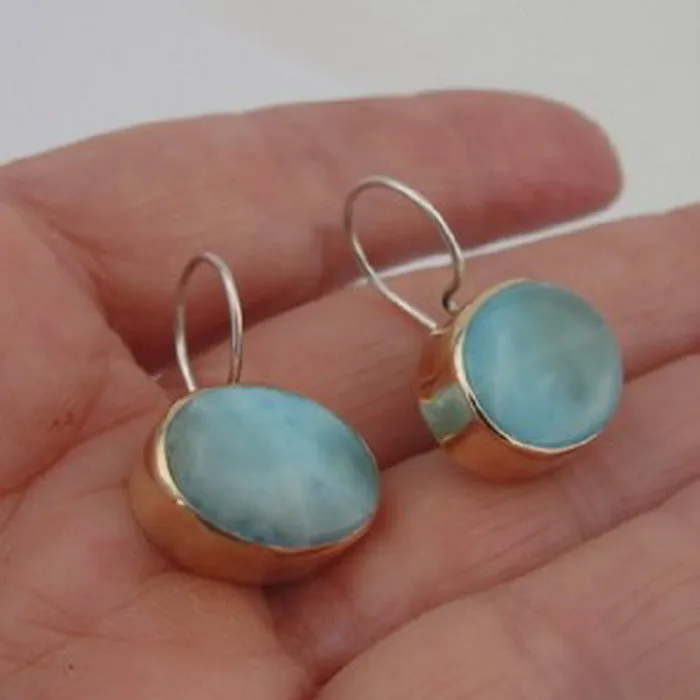 Gold Blue Larimar Earrings 925 Silver 9k Yellow  Handmade Hadar Designers  (I e36Y