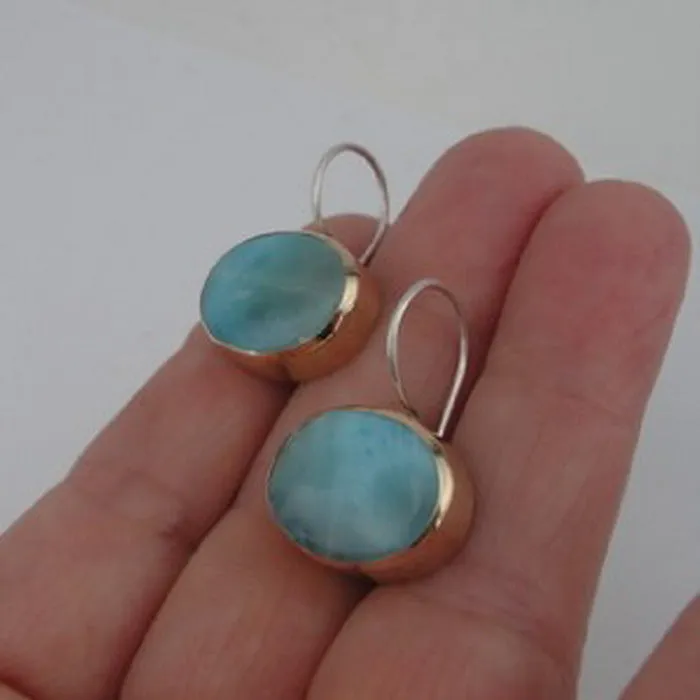 Gold Blue Larimar Earrings 925 Silver 9k Yellow  Handmade Hadar Designers  (I e36Y