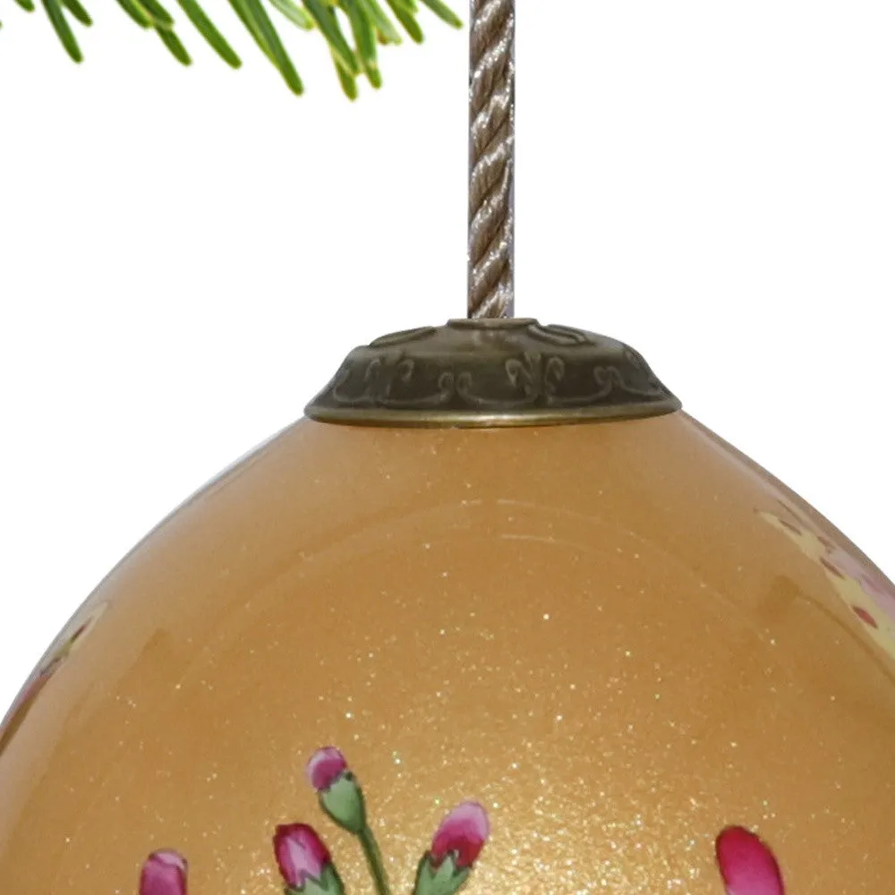 Golden Flowers and Dragon Hand Painted Mouth Blown Glass Ornament