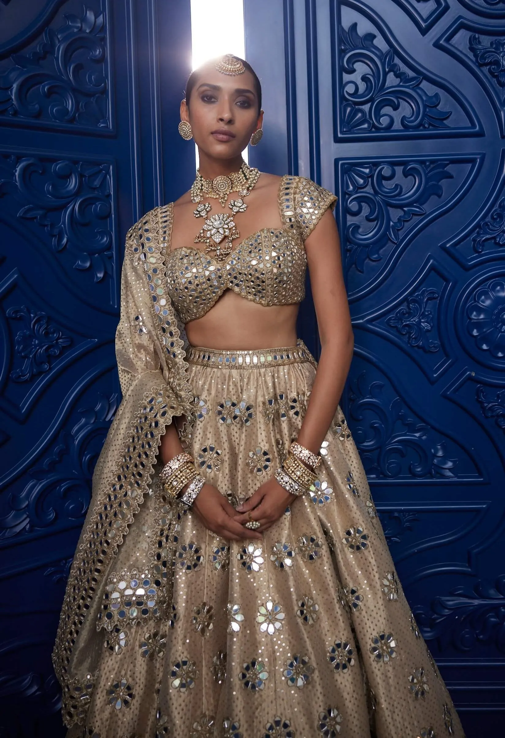 Golden shimmer organza flower lehenga set