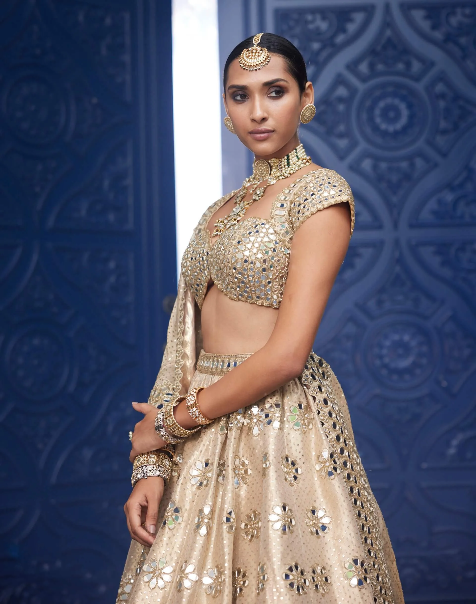 Golden shimmer organza flower lehenga set