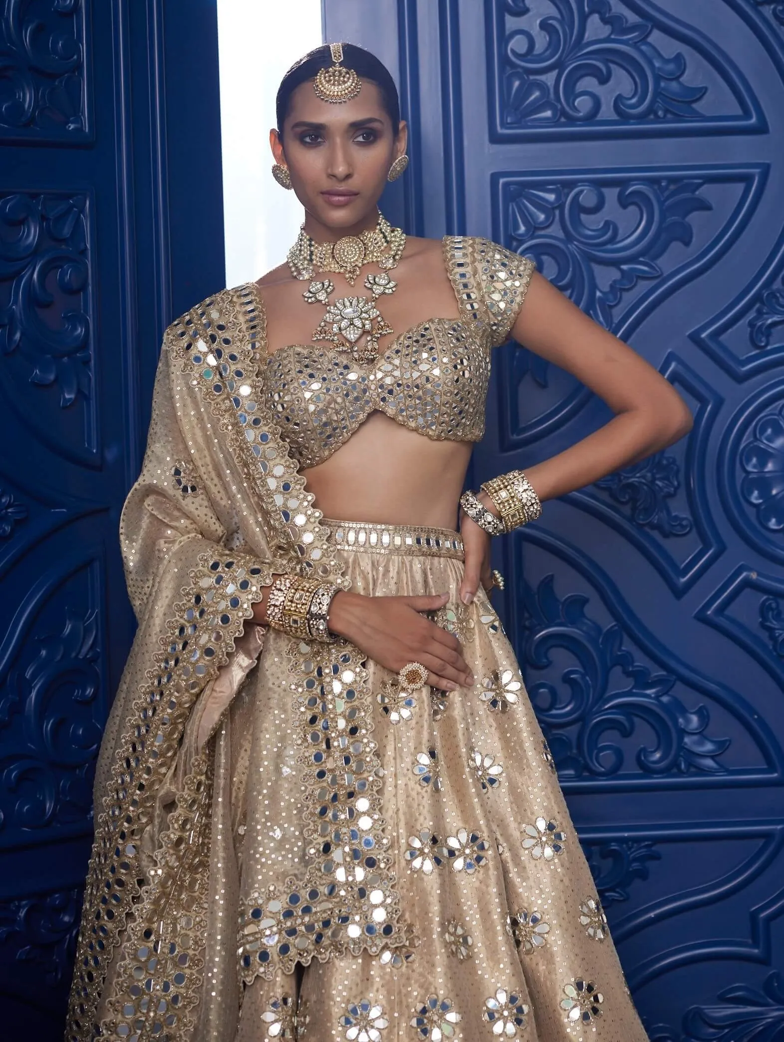 Golden shimmer organza flower lehenga set
