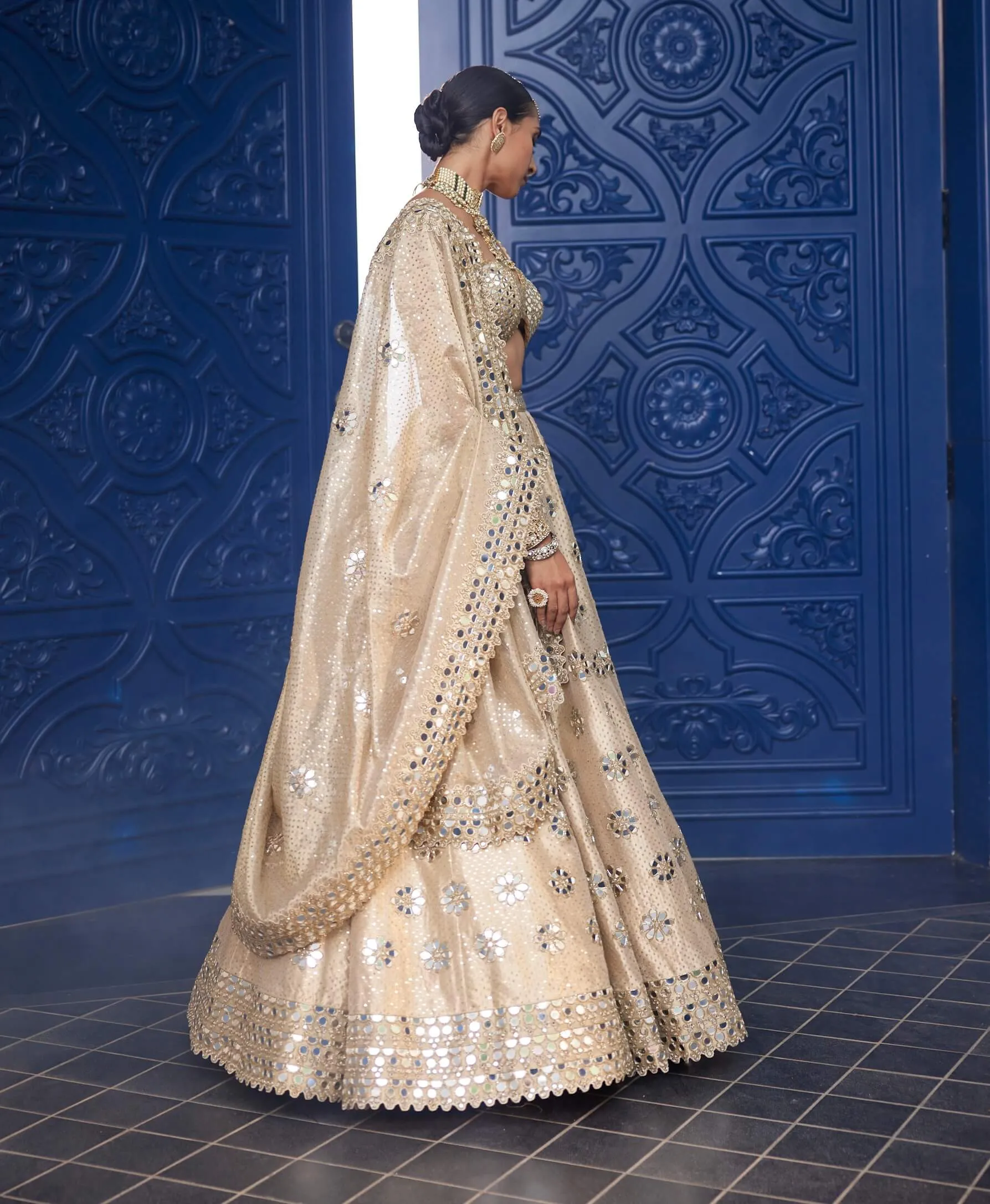 Golden shimmer organza flower lehenga set
