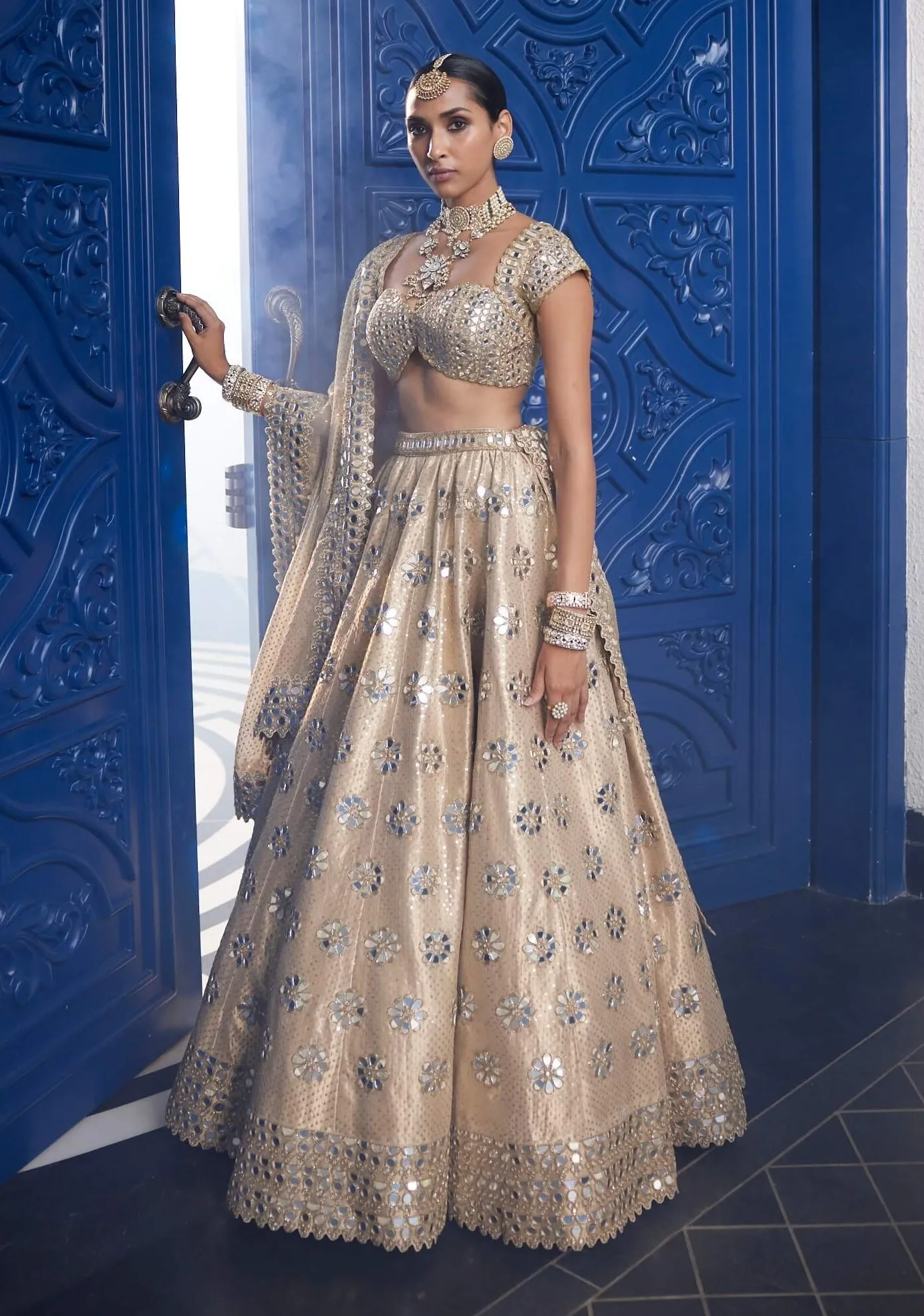 Golden shimmer organza flower lehenga set