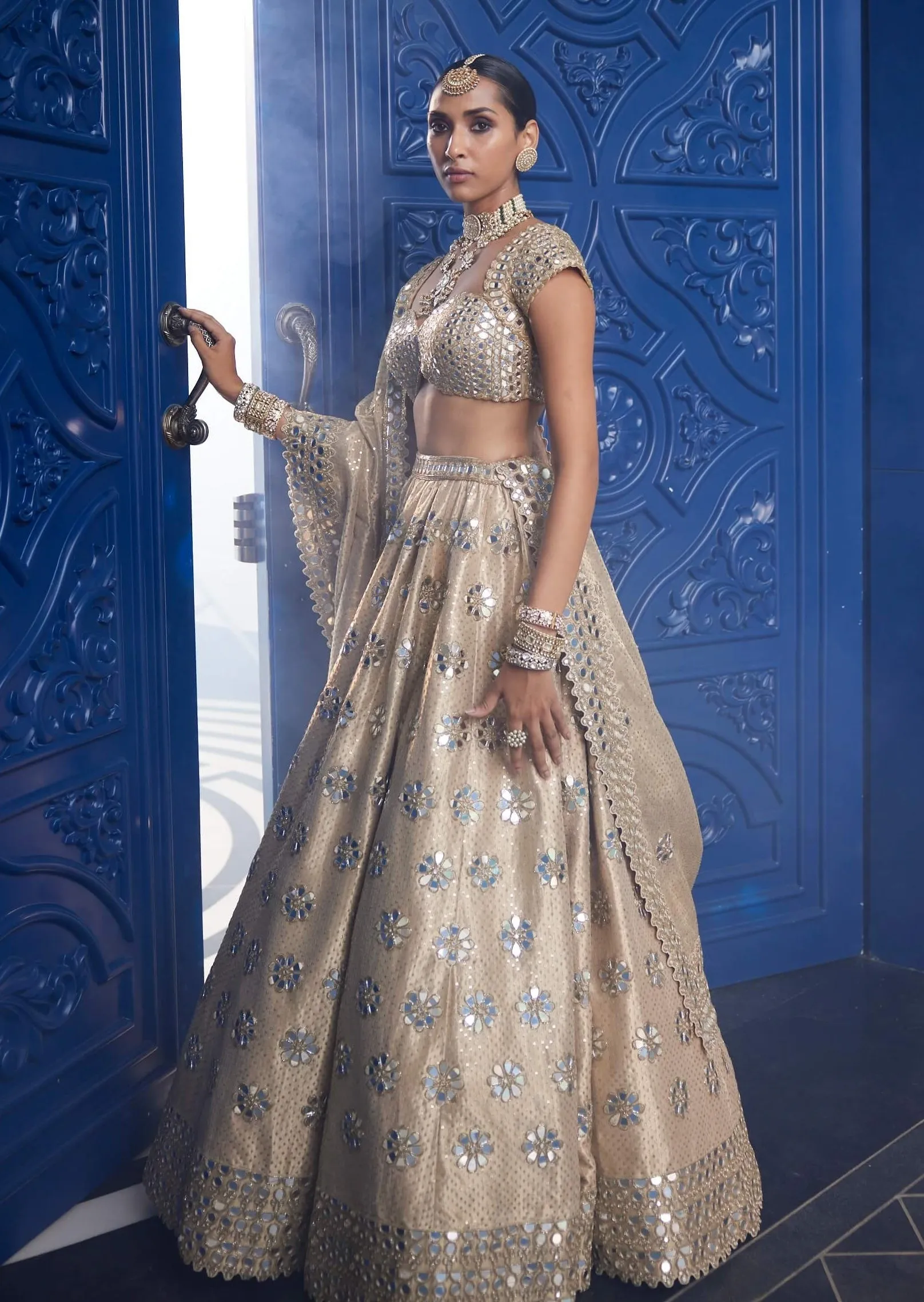Golden shimmer organza flower lehenga set