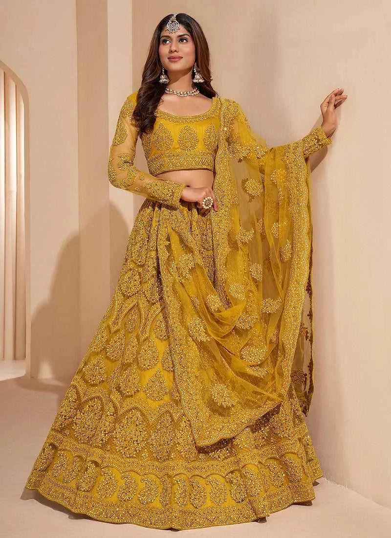 Golden Yellow Floral Embroidered Stylish Lehenga Choli