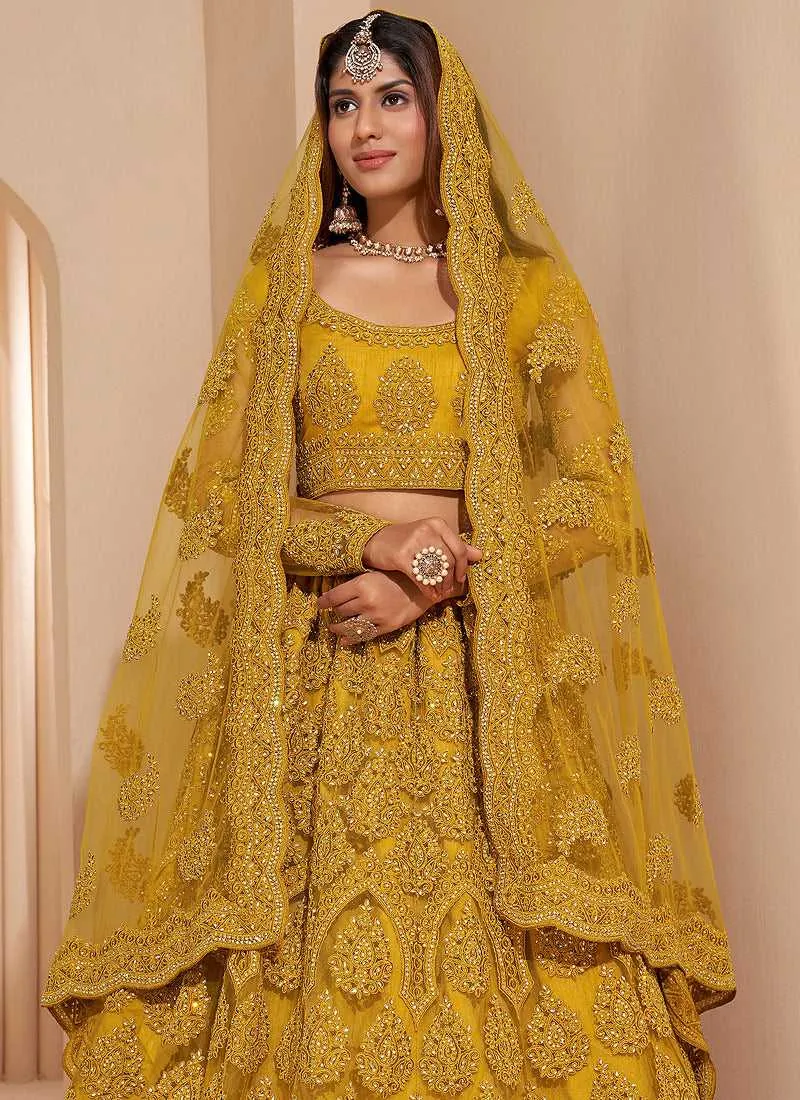 Golden Yellow Floral Embroidered Stylish Lehenga Choli