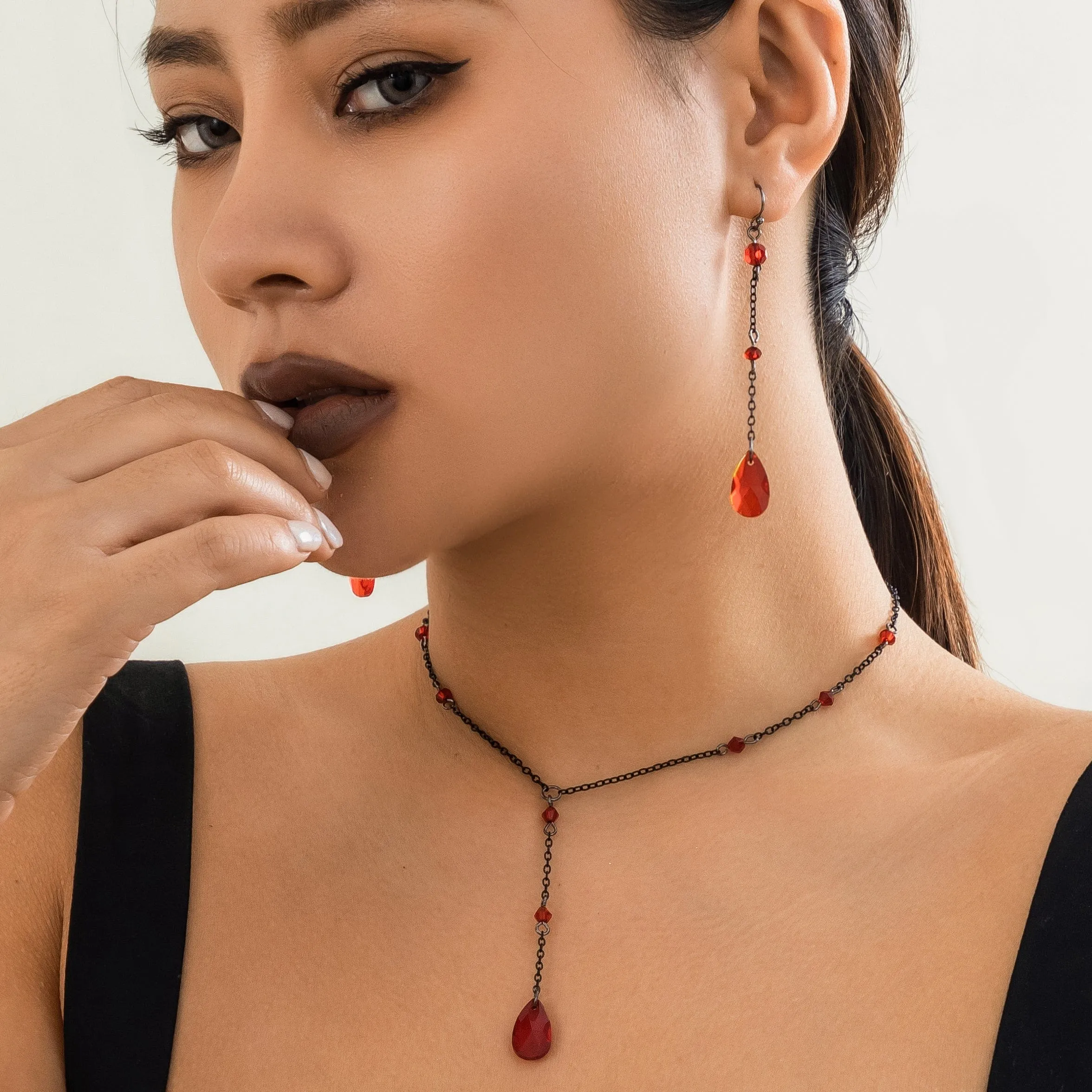 Gothic Rhinestone Waterdrop Pendant Y Necklace Earrings Set