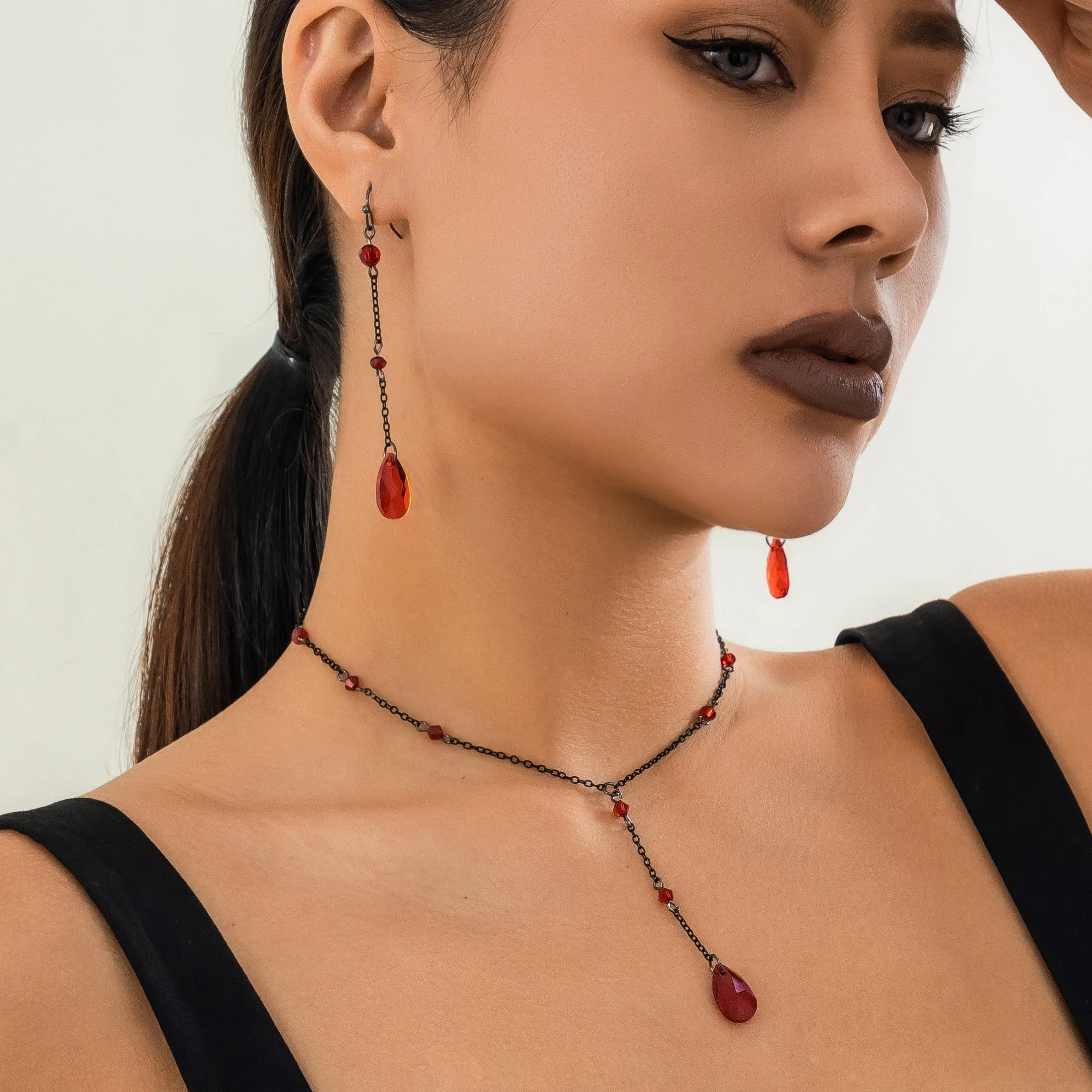 Gothic Rhinestone Waterdrop Pendant Y Necklace Earrings Set