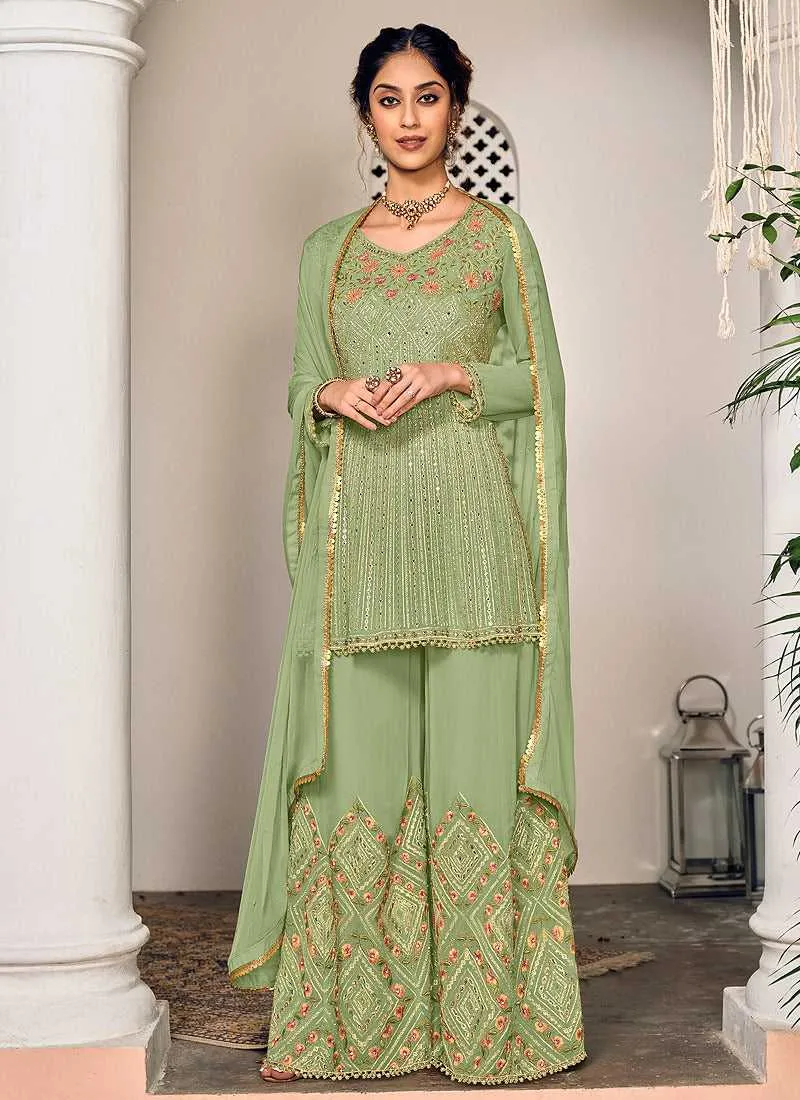 Green and Gold Heavy Embroidered Sharara Suit