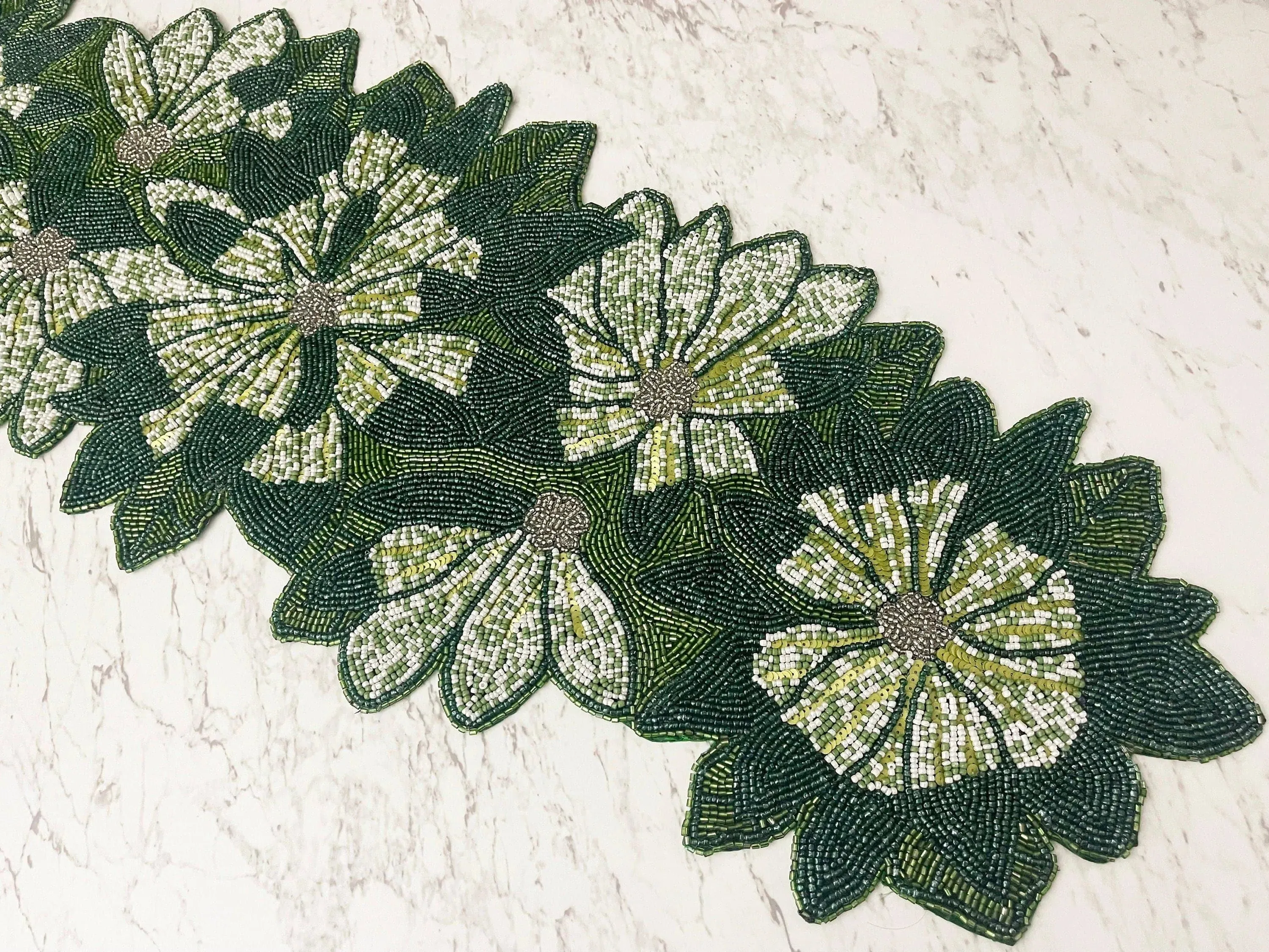Green Floral Beaded Table Runner