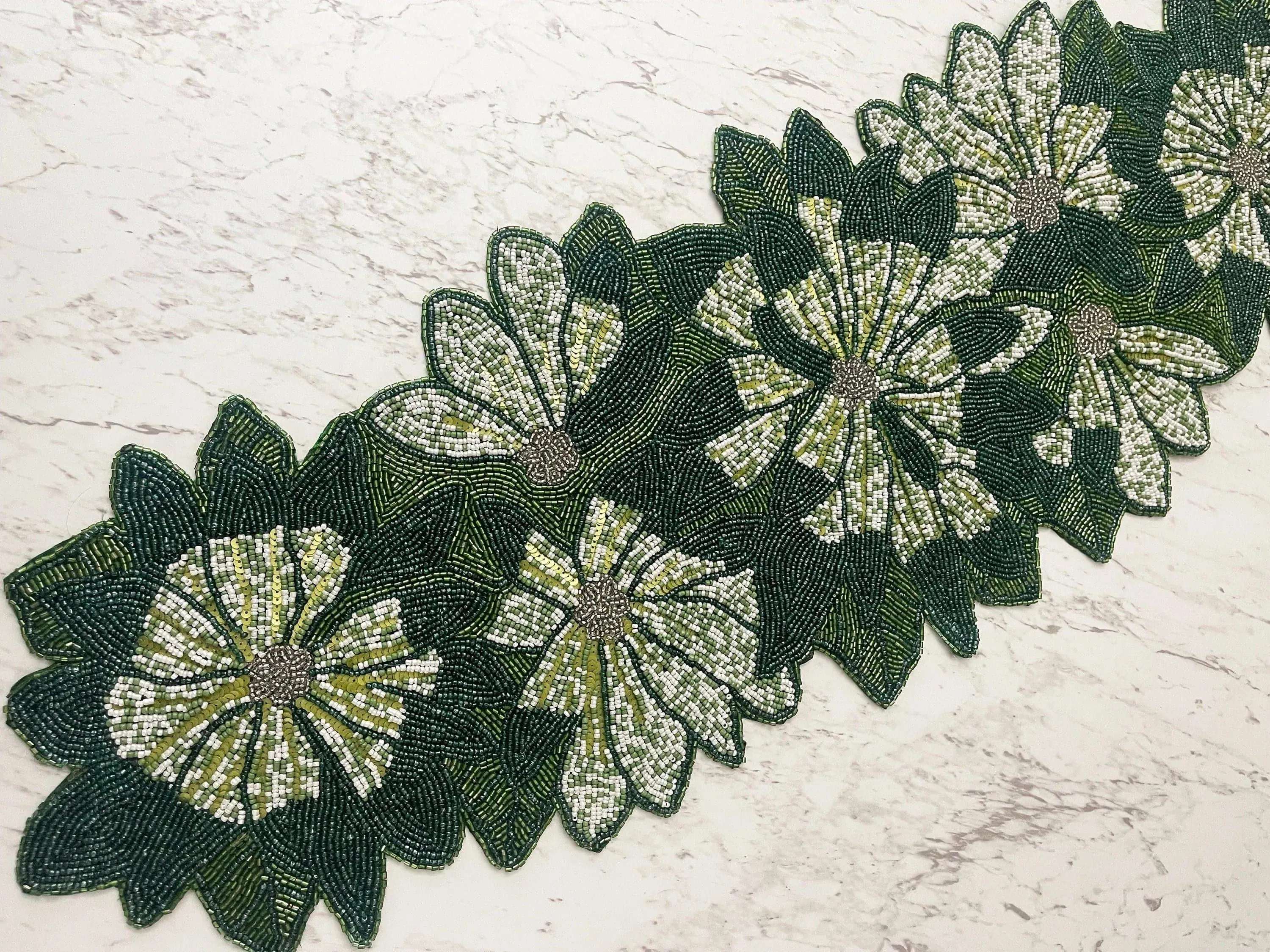 Green Floral Beaded Table Runner