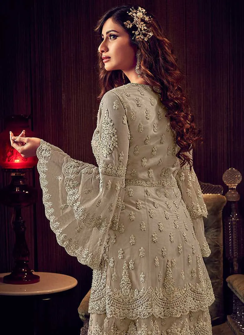 Grey Shade Heavy Embroidered Sharara Style Suit