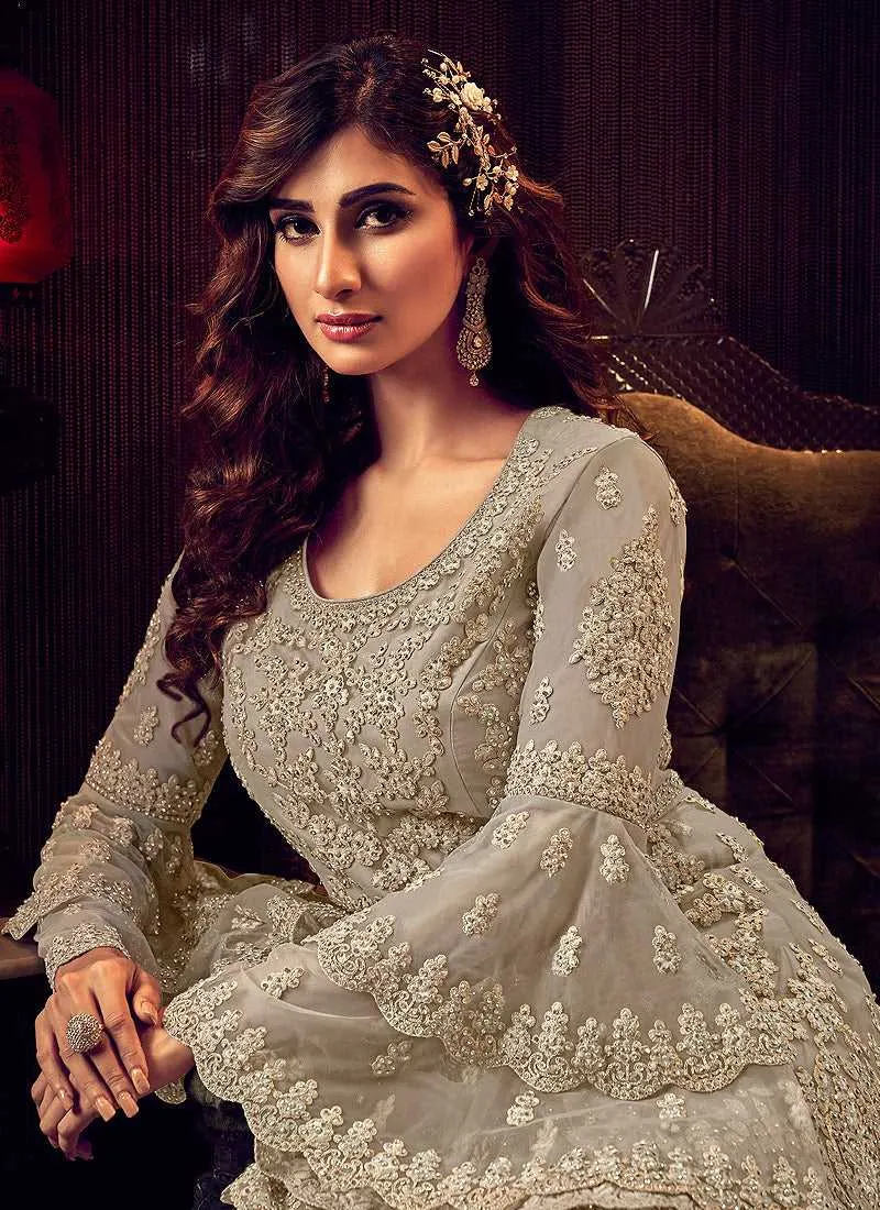 Grey Shade Heavy Embroidered Sharara Style Suit