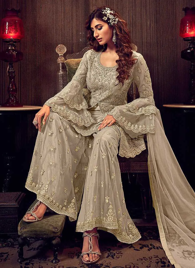 Grey Shade Heavy Embroidered Sharara Style Suit