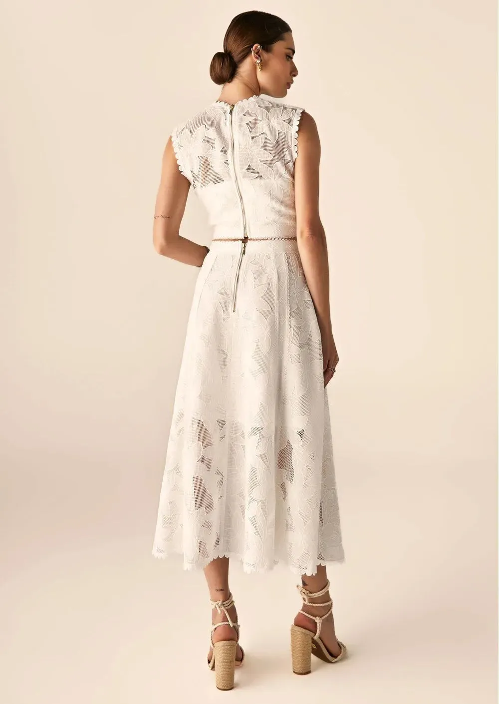 Guipure Mesh Midi Skirt Crop Top Set in white