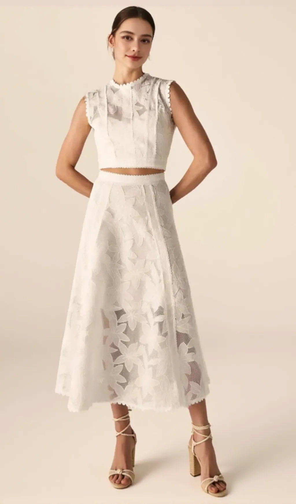 Guipure Mesh Midi Skirt Crop Top Set in white