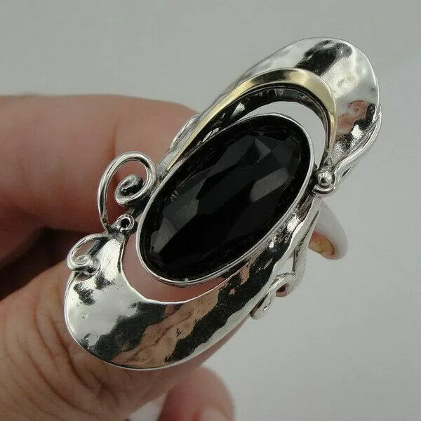 Hadar Designers 9k Yellow Gold 925 Silver Onyx Ring