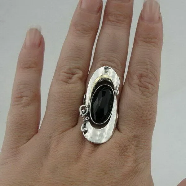 Hadar Designers 9k Yellow Gold 925 Silver Onyx Ring