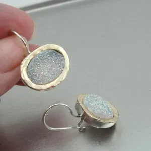 Hadar Designers 9k Yellow Gold 925 Silver Opal Druzy earrings Handmade (I e163)