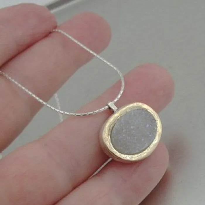 Hadar Designers 9k Yellow Gold 925 Silver Opal Druzy Pendant Handmade (I n250)