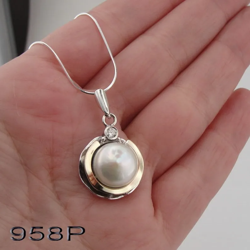 Hadar Designers 9k Yellow Gold 925 Silver Pearl Zircon Pendant Handmade (Ms)