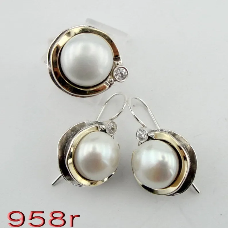 Hadar Designers 9k Yellow Gold 925 Silver Pearl Zircon Pendant Handmade (Ms)