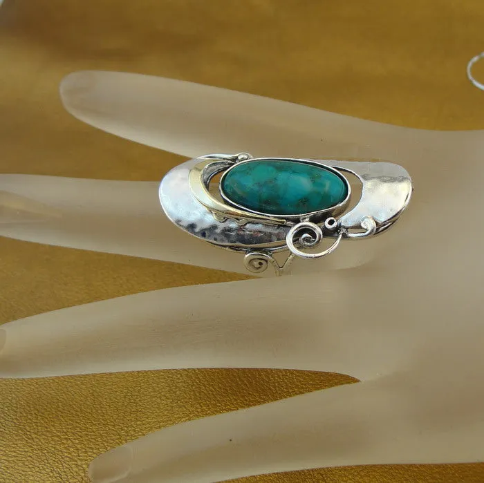 Hadar Designers 9k Yellow Gold 925 Silver Turquoise Ring, Handmade (MS 325)