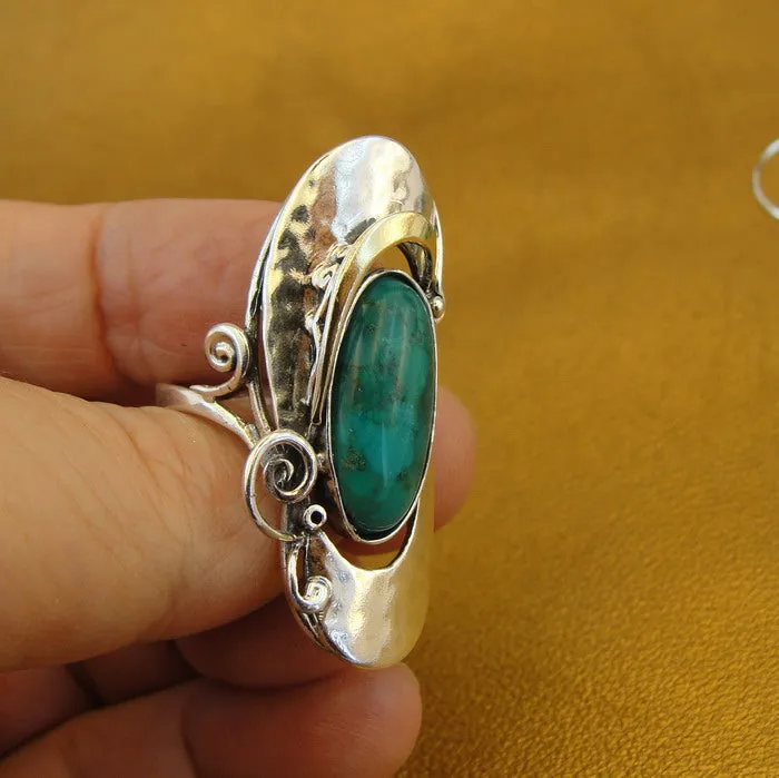 Hadar Designers 9k Yellow Gold 925 Silver Turquoise Ring, Handmade (MS 325)