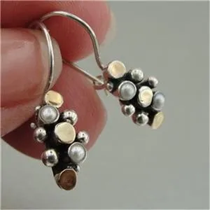 Hadar Designers 9k Yellow Gold 925 Silver White Pearl Earrings Handmade (I e440)