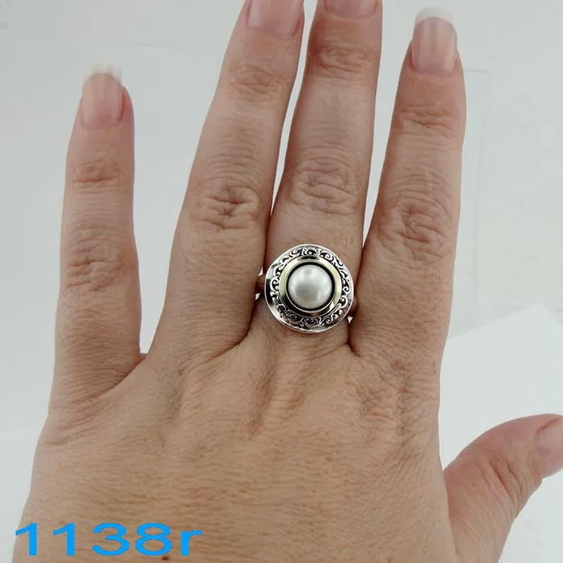 Hadar Designers 9k Yellow Gold 925 Silver White Pearl Ring, Handmade (Ms