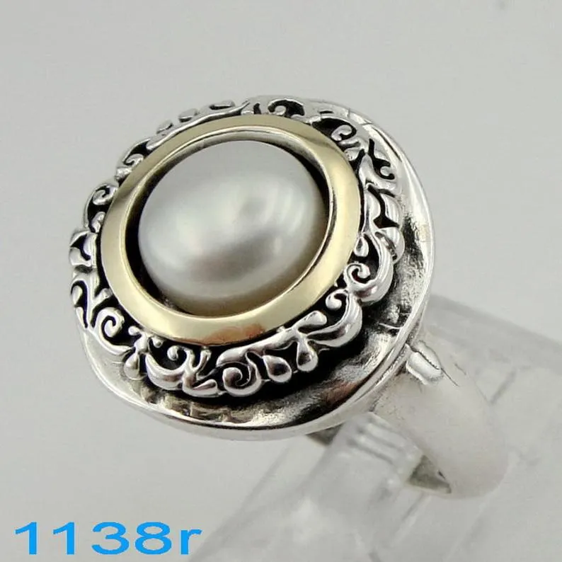 Hadar Designers 9k Yellow Gold 925 Silver White Pearl Ring, Handmade (Ms