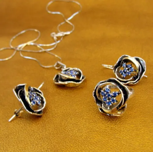 Hadar Designers 9k Yellow Gold Blue cz 925 Silver Set (Pendat and Ring) (MS 1295)