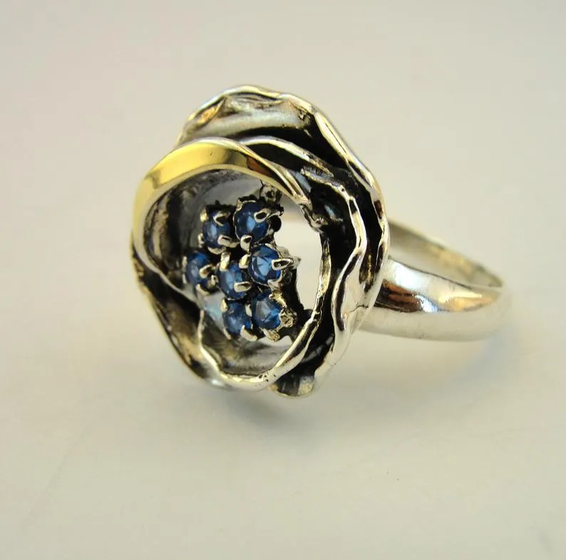 Hadar Designers 9k Yellow Gold Blue Topaz CZ Ring Sterling Silver Handmade (MS