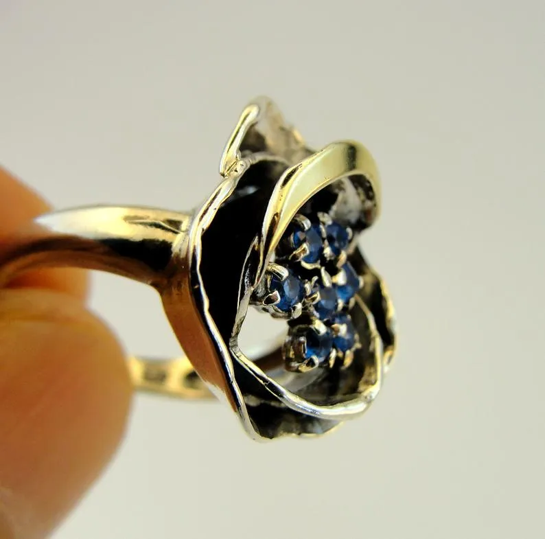 Hadar Designers 9k Yellow Gold Blue Topaz CZ Ring Sterling Silver Handmade (MS