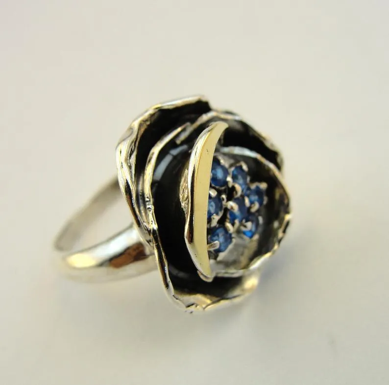Hadar Designers 9k Yellow Gold Blue Topaz CZ Ring Sterling Silver Handmade (MS