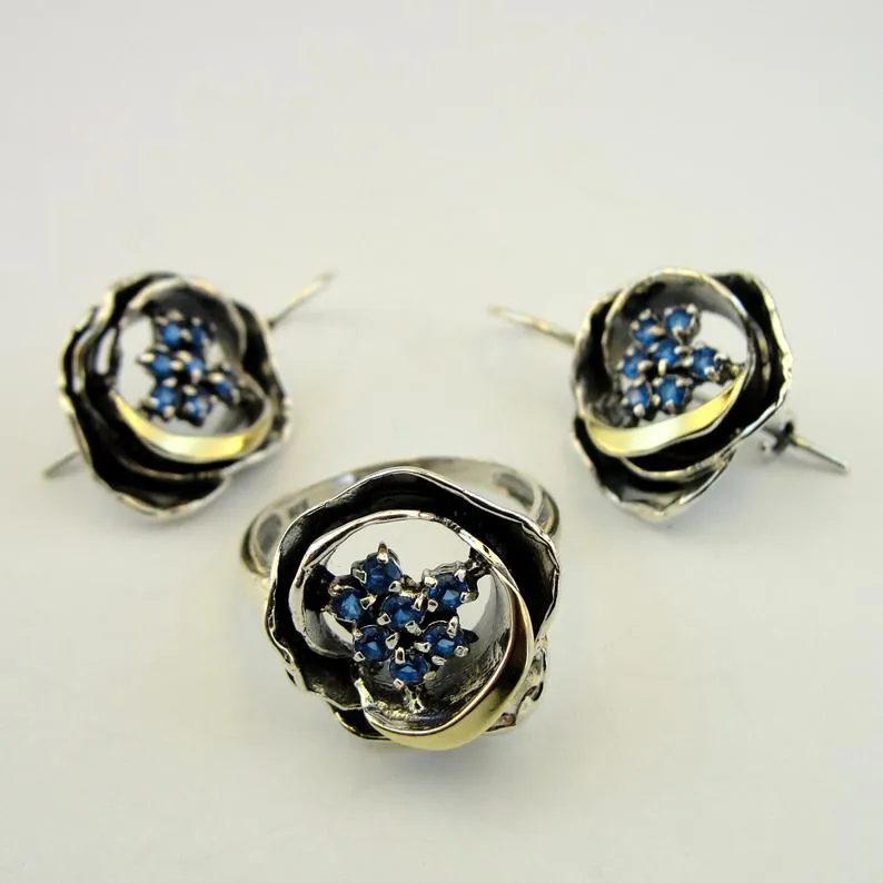 Hadar Designers 9k Yellow Gold Blue Topaz CZ Ring Sterling Silver Handmade (MS