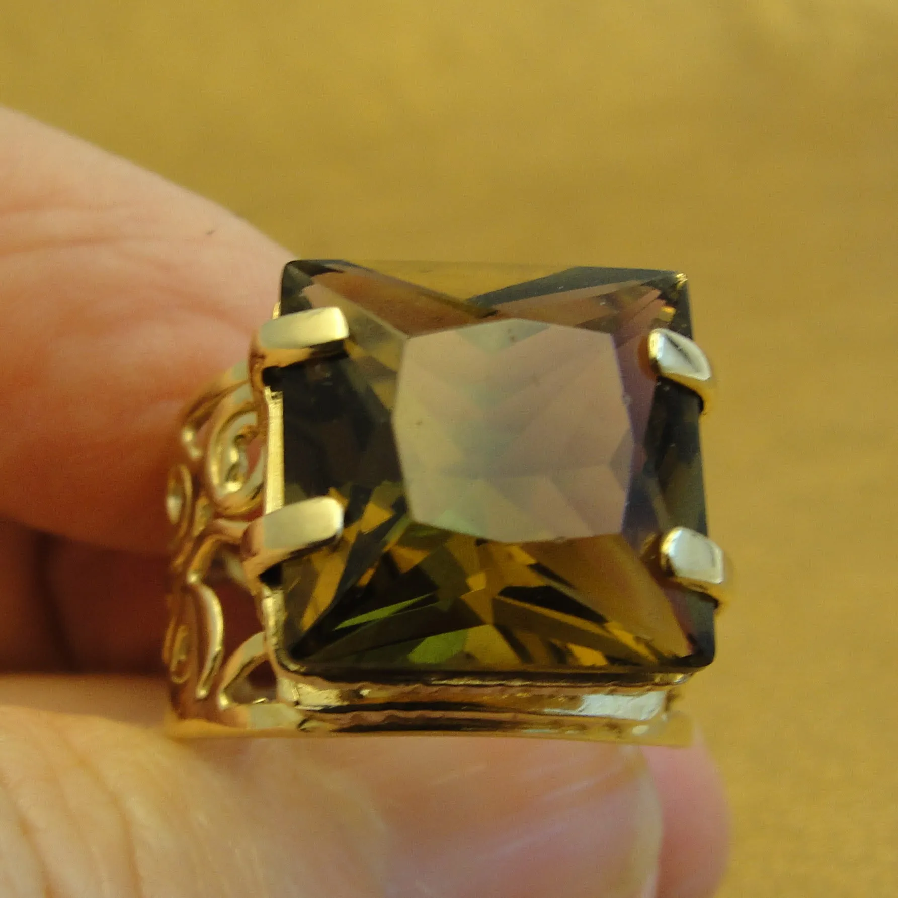 Hadar Designers 9k Yellow Gold Smokey Topaz Ring size 7.5, 8 Handmade Art ()LAST