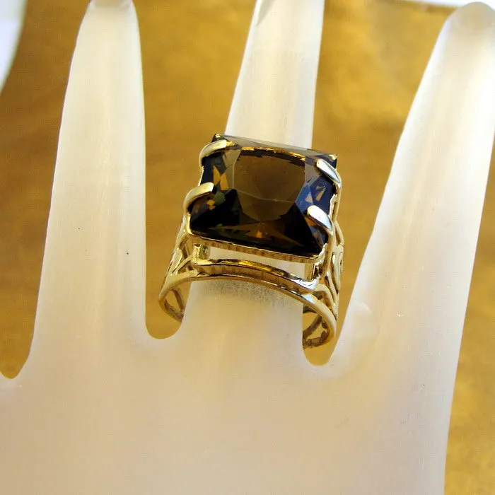 Hadar Designers 9k Yellow Gold Smokey Topaz Ring size 7.5, 8 Handmade Art ()LAST