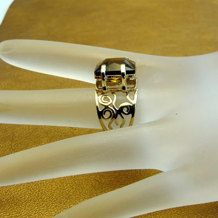 Hadar Designers 9k Yellow Gold Smokey Topaz Ring size 7.5, 8 Handmade Art ()LAST