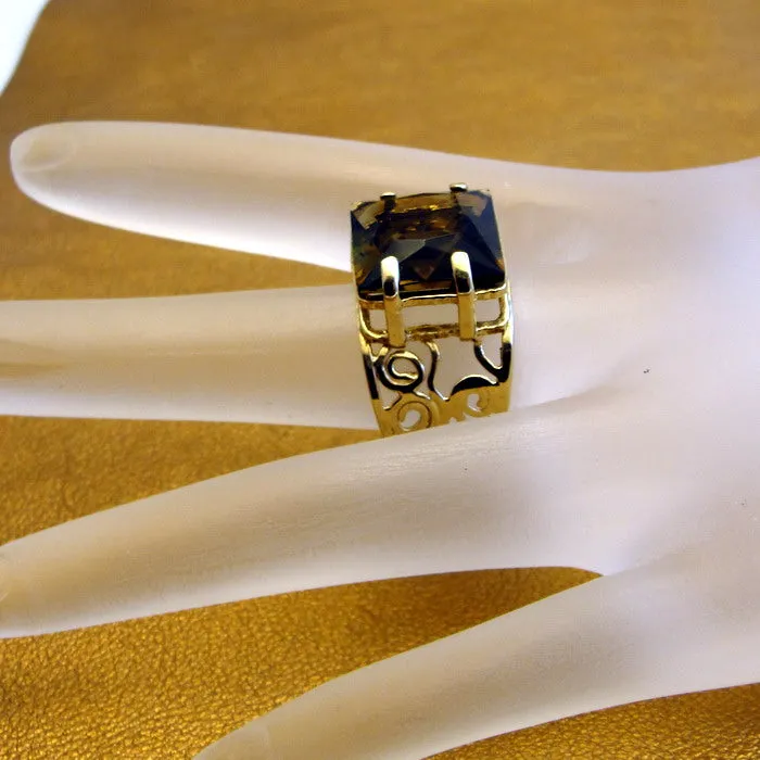 Hadar Designers 9k Yellow Gold Smokey Topaz Ring size 7.5, 8 Handmade Art ()LAST