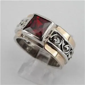 Hadar Designers 9k Yellow Gold Sterling Silver Garnet Filigree Ring (S 1662)