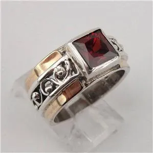 Hadar Designers 9k Yellow Gold Sterling Silver Garnet Filigree Ring (S 1662)