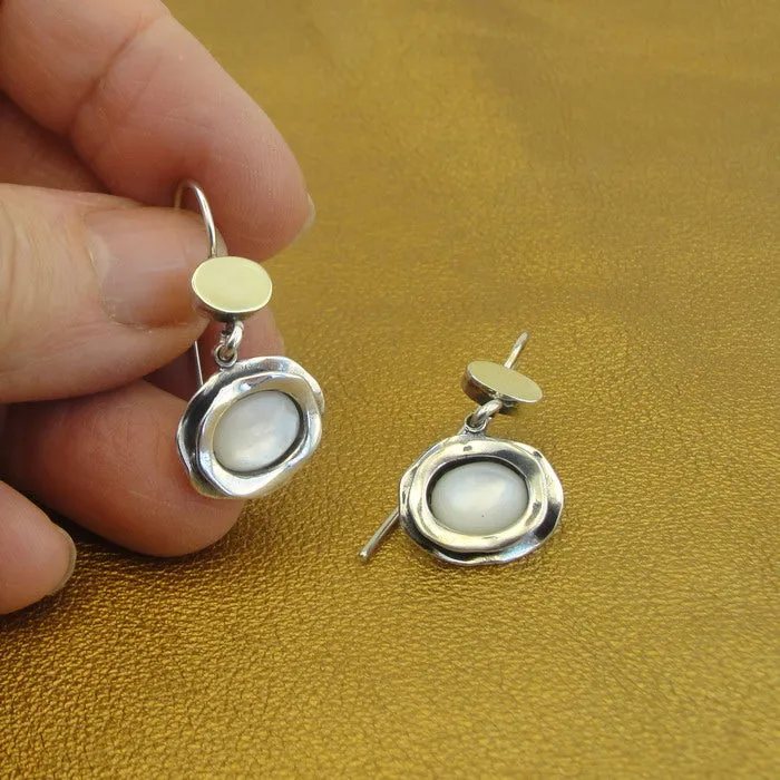 Hadar Designers 9k Yellow Gold Sterling Silver MOP Pearl Earrings Handmade (MS)y