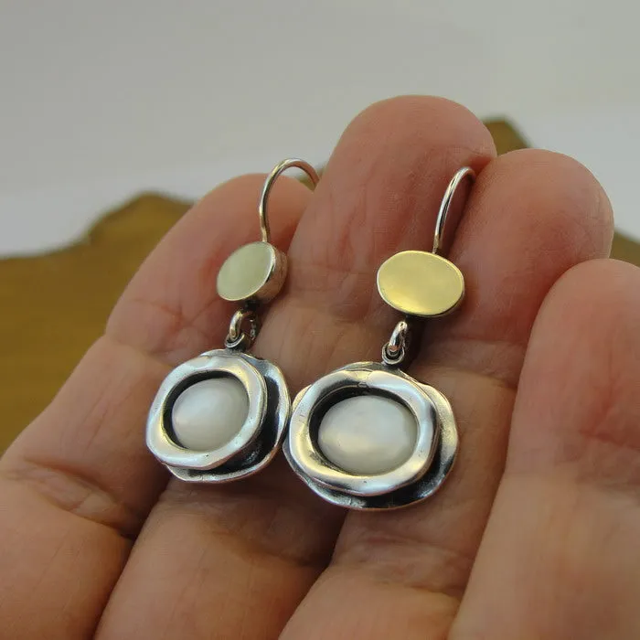 Hadar Designers 9k Yellow Gold Sterling Silver MOP Pearl Earrings Handmade (MS)y